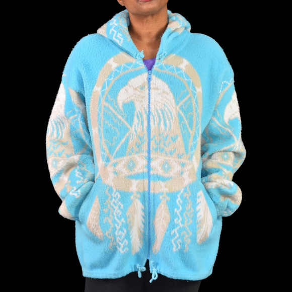 Vintage Artesanias Tuntaquimba Wool Jacket Blue Blanket Southwestern Eagle Large - Picture 10 of 15